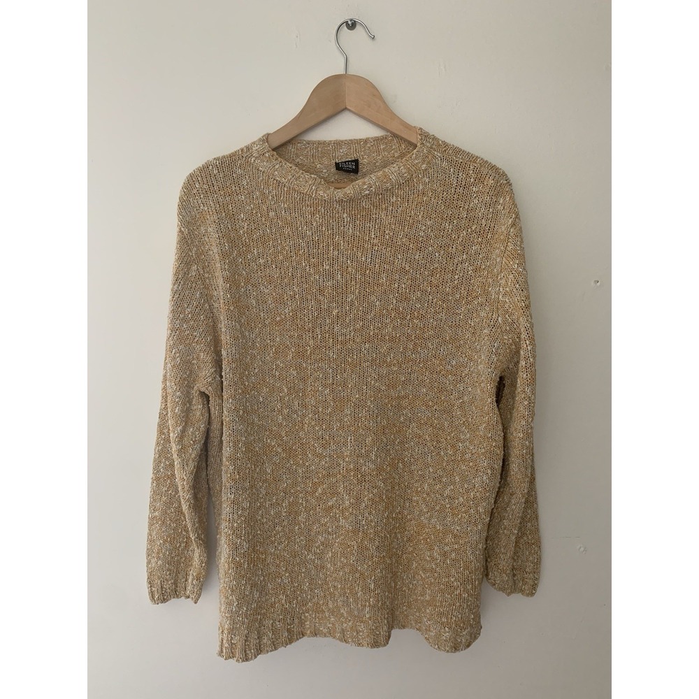Eileen Fisher Woman Sweater Linen Cotton Blend Marled Tan Mustard Knit Rib Hems